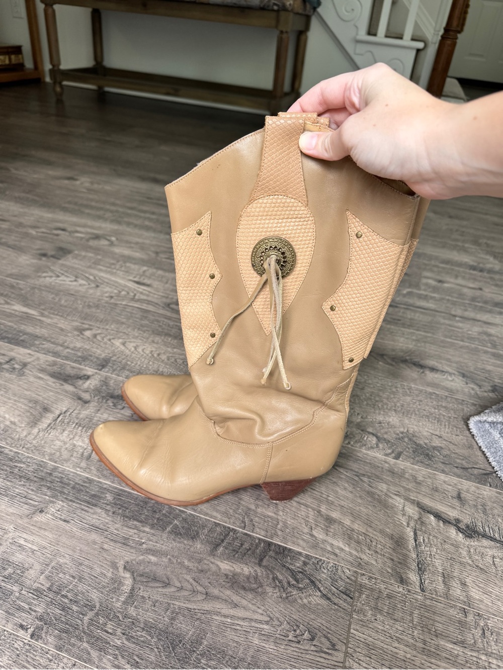 Classic Tan Mid-Calf Western Boots with Decorative Tie